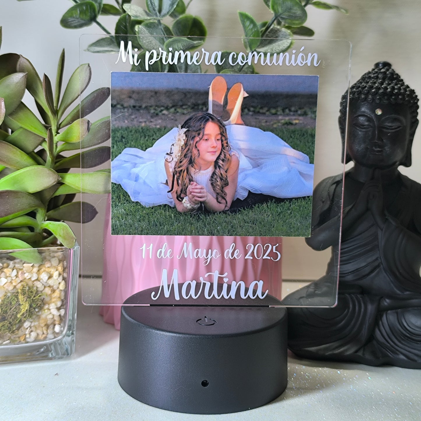 Lámpara personalizada de comunión con foto, nombre y fecha