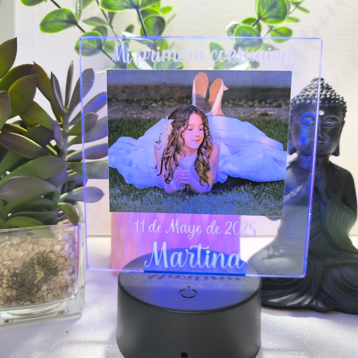 Lámpara personalizada de comunión con foto, nombre y fecha