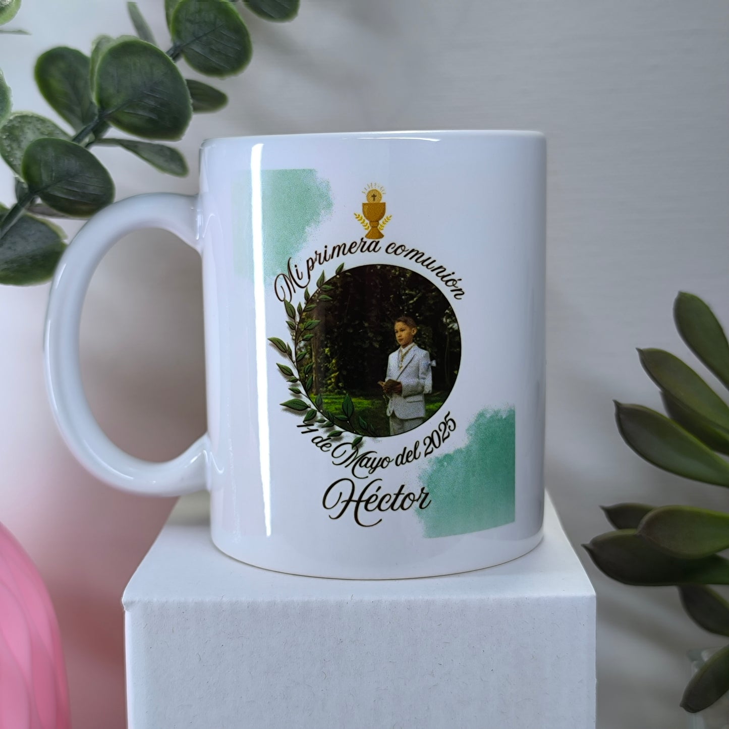 Taza personalizada de comunión con foto, nombre y fecha