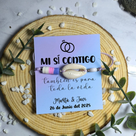 Pulsera personalizada con inicial y concha + tarjeta personalizada de boda