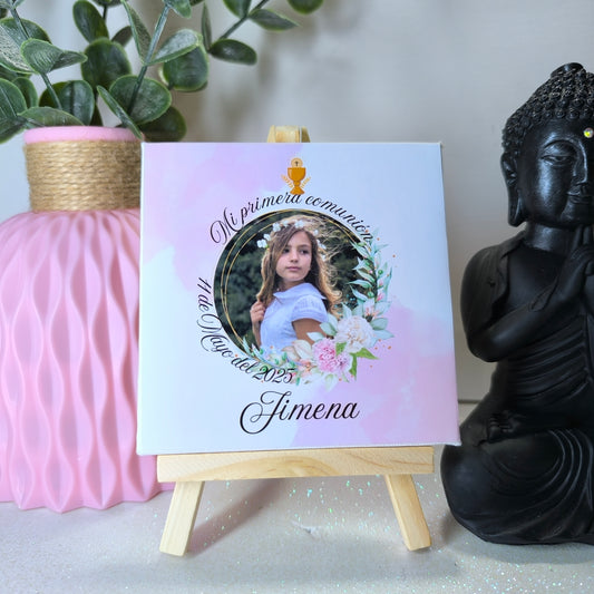 Lienzo personalizado de comunión con foto, nombre, fecha y caballete – 4 diseños a elegir