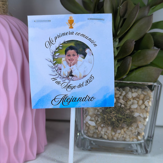 Piruleta personalizada de comunión con foto, nombre y fecha