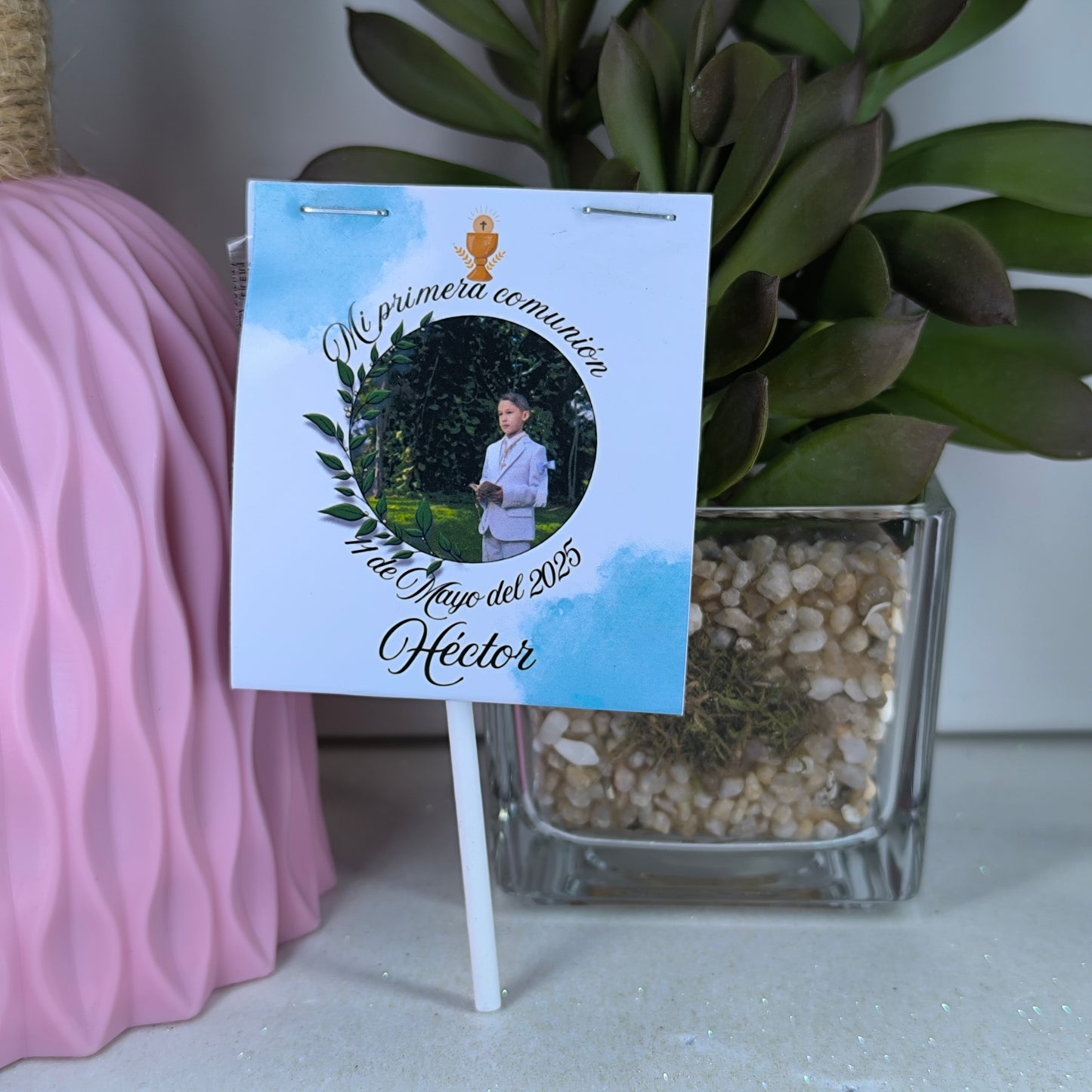 Piruleta personalizada de comunión con foto, nombre y fecha