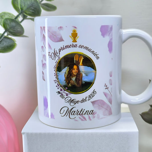Taza personalizada de comunión con foto, nombre y fecha