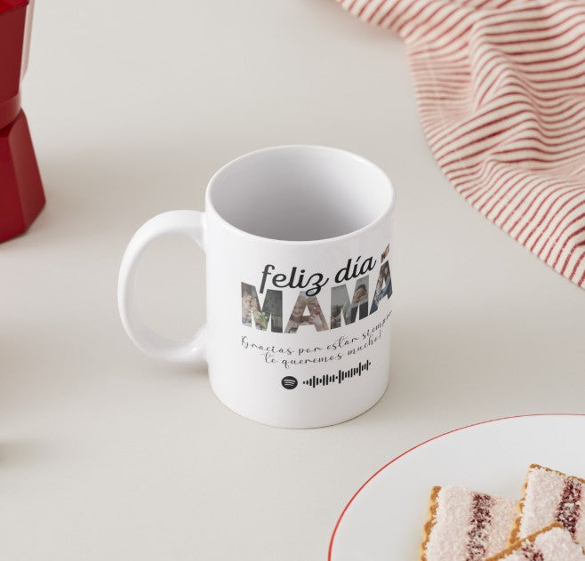 Taza personalizada Día de la Madre con fotos, código Spotify y frase especial