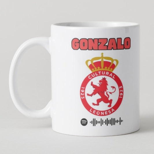Taza personalizada de tu equipo con escudo, nombre y código Spotify del himno